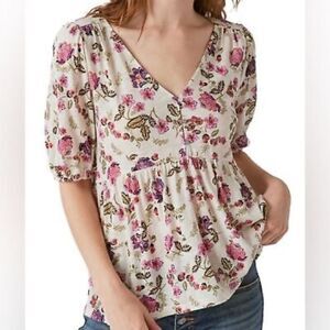 Lucky Brand Floral Babydoll Top Ivory Slub Knit V-Neck Peplum Blouse Cotton M